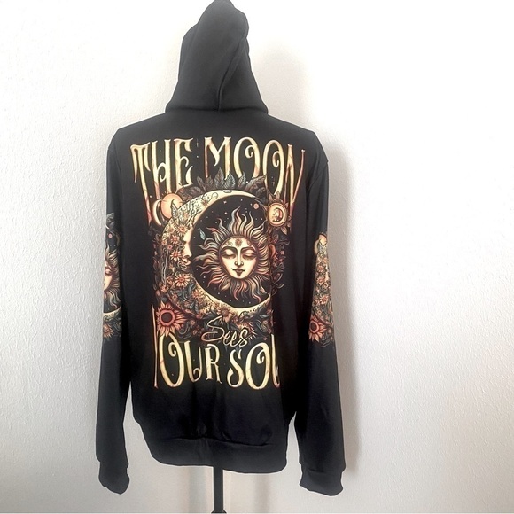 THE MOON SEES YOUR SOUL ALL OVER PRINT HOODED ZIP UP JACKET LARGE BLACK - Picture 1 of 8